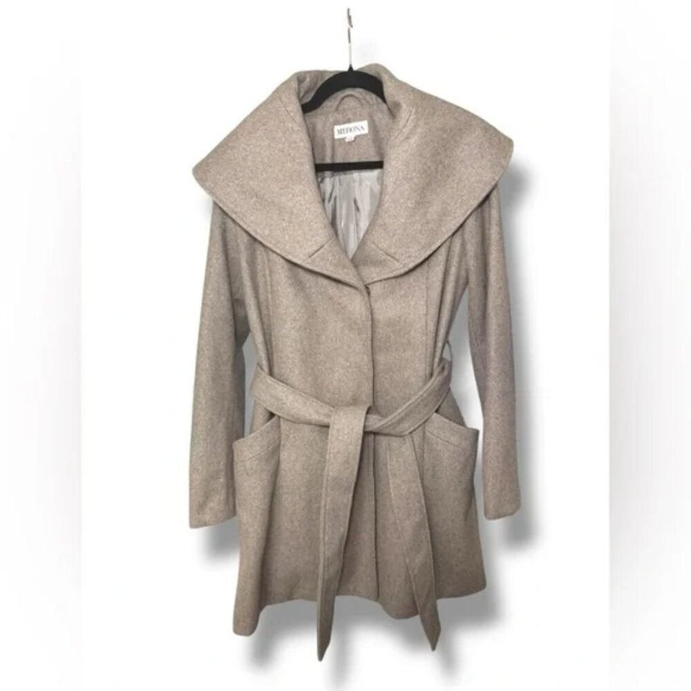 Merona shawl collar wool wrap coat waist tie dusty rose oatmeal grey